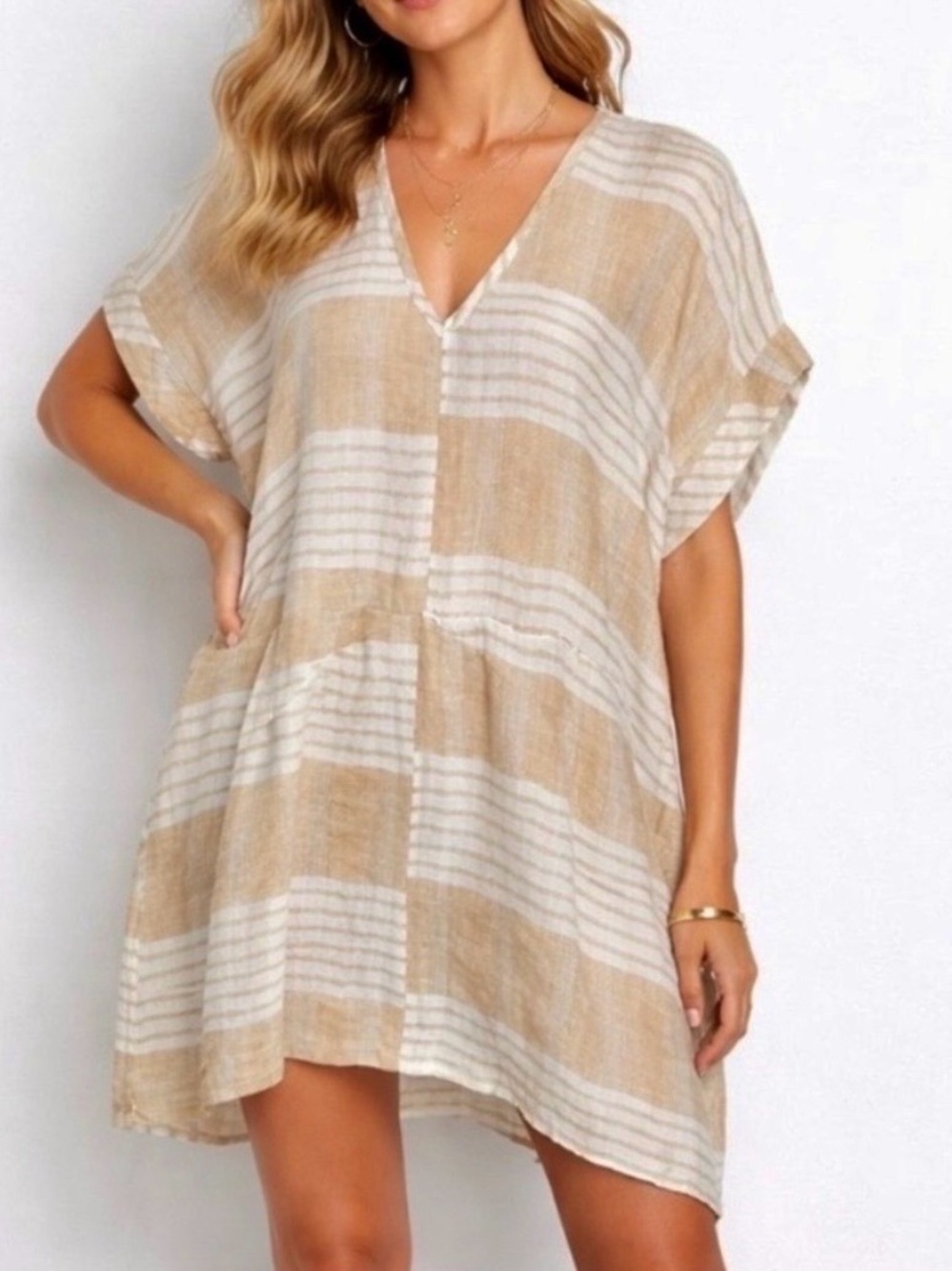 Anthropologie AKEMI + KIN 100% Linen Striped Tunic Lagenlook Swim Cover Up sz